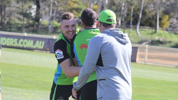 Clay Priest is all smiles at training after signing a two-year deal with the Canberra Raiders.