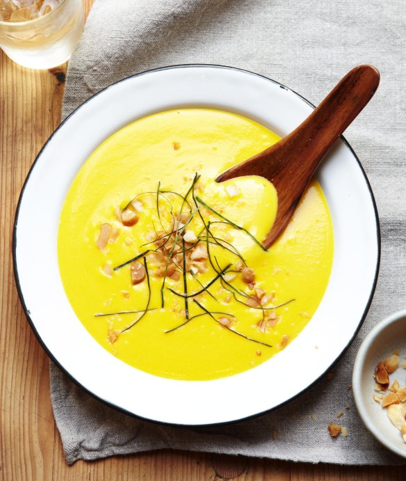 Thai-style pumpkin and soup garnished with lime leaves and macadamia.