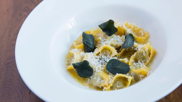 Veal and rabbit agnolotti with sage butter.