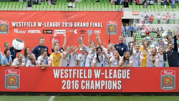 Davey celebrates with Melbourne City teammates after the W-League grand final.