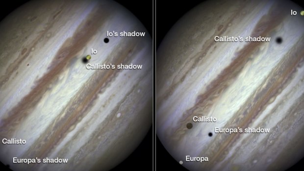 Three of Jupiter's largest moons parade across the giant gas planet's banded face. 