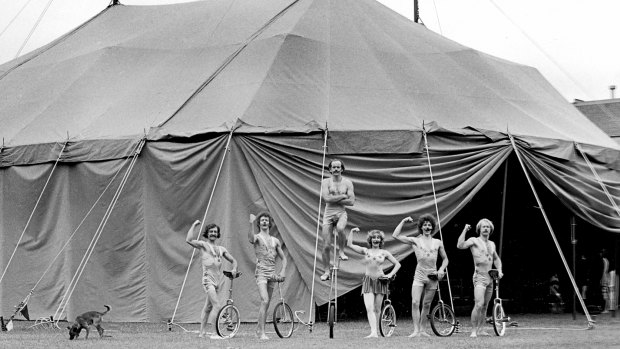 Circus Oz members, including Tim Coldwell on high, in front of their home-made tent in 1978.