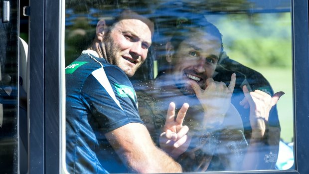 Mates: Boyd Cordner and Mitchell Pearce find a light moment after Blues training.