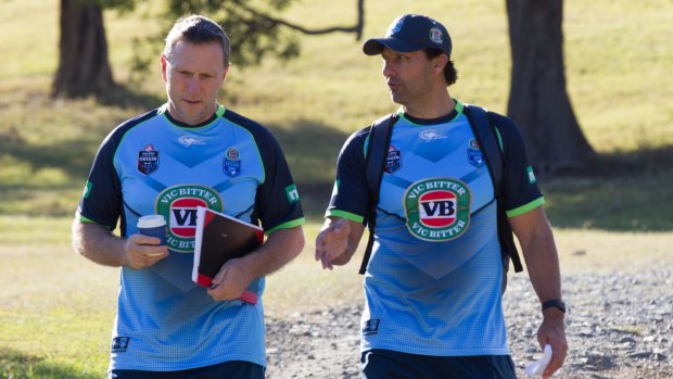 Numbers game: NSW coach Laurie Daley with  staff member Gavin Woods.