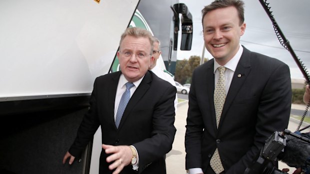 Retiring MP Bruce Billson (left) during the 2016 election campaign, with Liberal Chris Crewther, his successor in the seat of Dunkley.