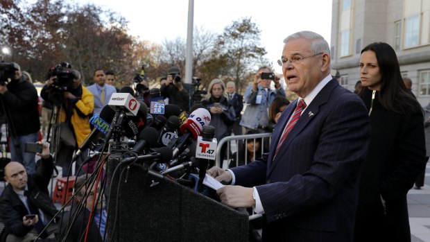 Senator Robert Menendez, a Democrat from New Jersey, speaks to members of the media outside federal court in Newark, New Jersey.
