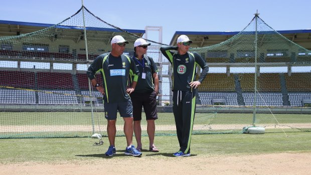 Brains trust:  Australian coach Darren Lehmann, selector Mark Waugh and captain Michael Clarke during an Australian nets session at Windsor Park in Roseau, Dominica. 