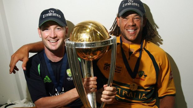 Happier times: Michael Clarke and Andrew Symonds with the World Cup trophy after the 2007 final in Barbados.