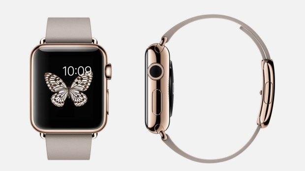 The gold 'Apple Watch Edition', shown here in pink gold with a 'modern buckle' attached, could cost $US5000 in the US, reports say.