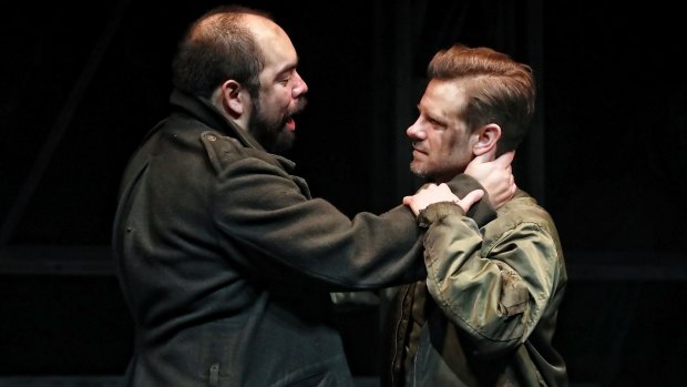 Ivan Donato (Brutus) and Nick Simpson-Deeks (Cassio) in a scene from Julius Caesar.
