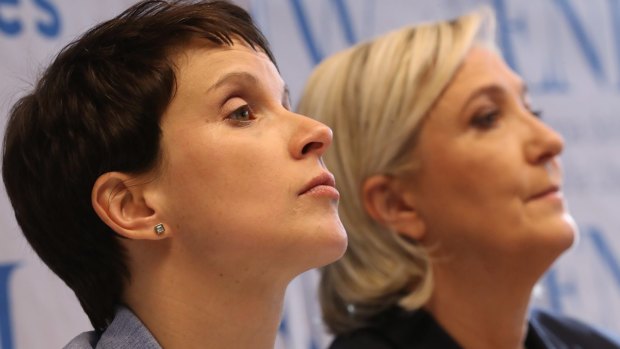 Frauke Petry (left), leader of the Alternative for Germany (AfD), and Marine Le Pen, leader of the French Front National, speak to the media at a conference of European right-wing parties in January in Koblenz, Germany.