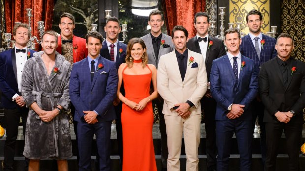 The Bachelorette with all her potential suitors, back at the beginning of the show.