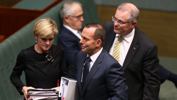 Leadership rivals: Prime Minister Tony Abbott with cabinet ministers Julie Bishop, Malcolm Turnbull and Scott Morrison in Parliament last week. 