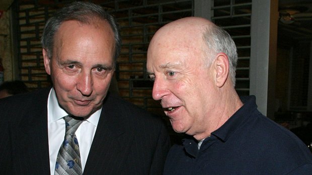 Paul Keating and John Clarke at the after party for Keating, the musical in Melbourne.