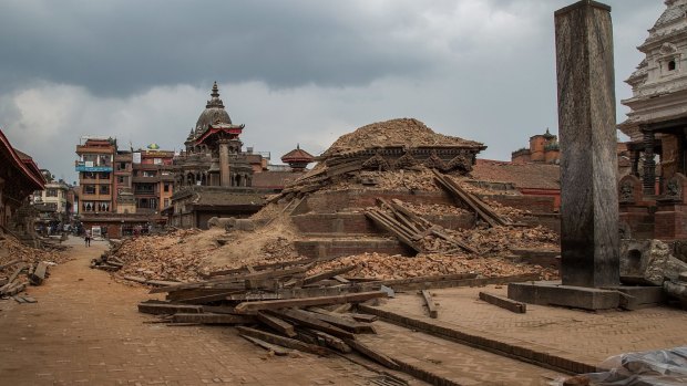 The remains of a collapsed temple in the UNESCO World Heritage Site of Patan Durbar Square.