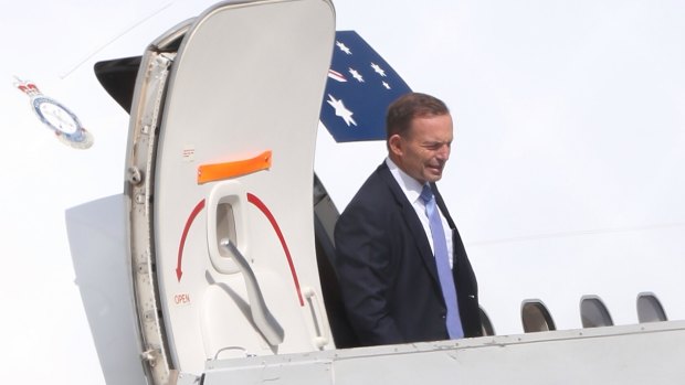 Prime Minister Tony Abbott arrives at Defence Establishment Fairbairn in Canberra on Thursday 5 February 2015. Photo: Andrew Meares