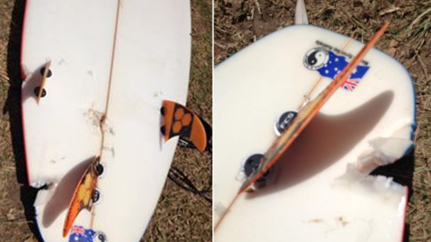 A photo on Facebook, believed to be the board of the man bitten by a shark at Ballina on Wednesday. 