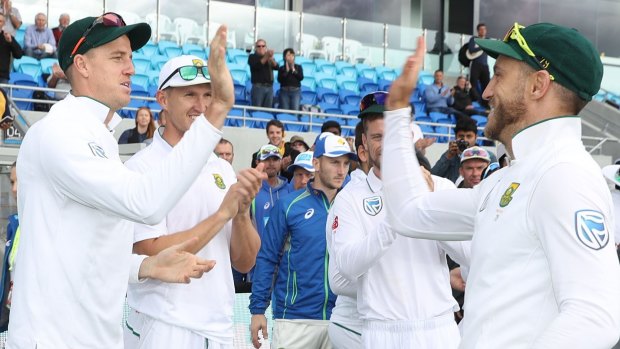 South Africa celebrates after defeating Australia during day four of the Second Test match.