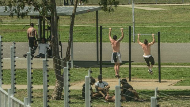 Prisoners in the recreation grounds of the remand centre.