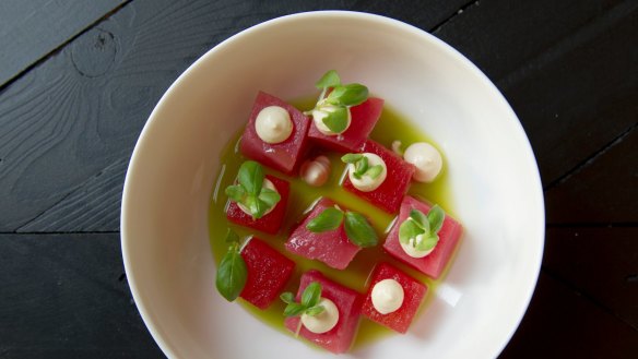 Look-alike cubes of pink yellowfin tuna and watermelon is like an IQ test for your taste buds.