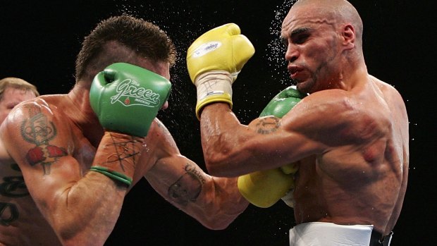 One more dance: Danny Green and Anthony Mundine.