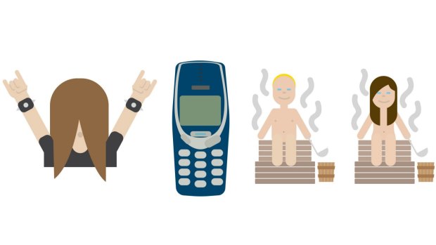 Finland's first three national emojis: The headbanger, the 'unbreakable' Nokia 3310 and the sauna.