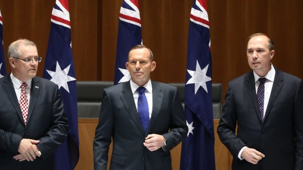 Joke under fire: Peter Dutton, right, with Tony Abbott and Scott Morrison.