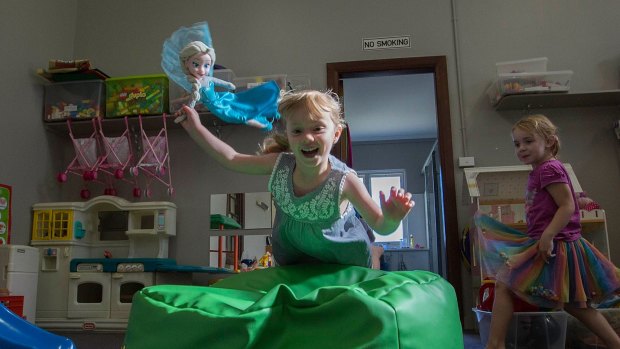 Taking turns: Four-year-olds Addison Cameron, left,  and Zarah Ransom  at the Balcombe Heights Playgroup. in Sydney