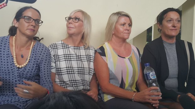 Witnesses from left to right Mary Lockton, Coleen Bowen, Kim Watson and Peggy O'Neill speak to reporters in Denpasar on Tuesday.