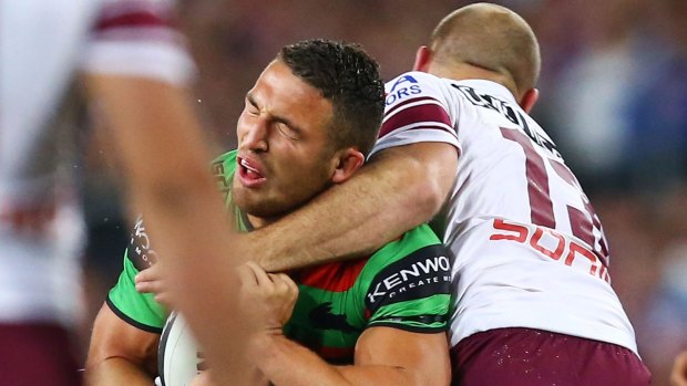 Rabbitoh Sam Burgess is known for his big hits. 