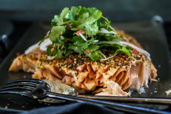 Coriander and mustard roasted salmon with coriander, finger lime and kohlrabi salad