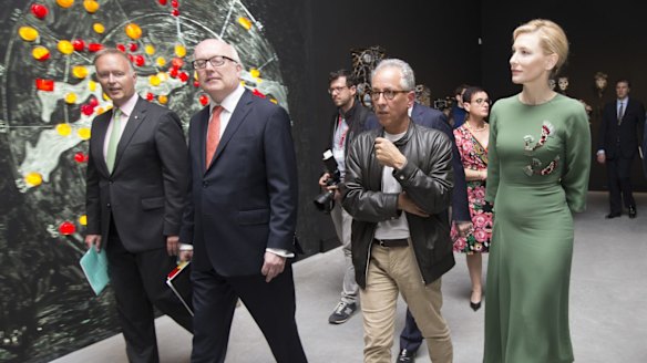 Australia Council chair Rupert Myer and federal Arts Minister George Brandis view the new Australian Pavilion in Venice with Simon Mordant and Cate Blanchett.
