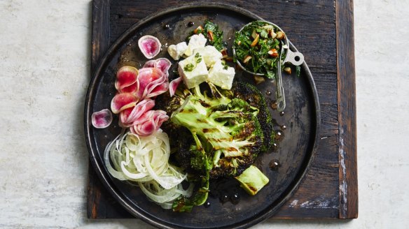 Barbecued broccoli salad with almond salsa verde