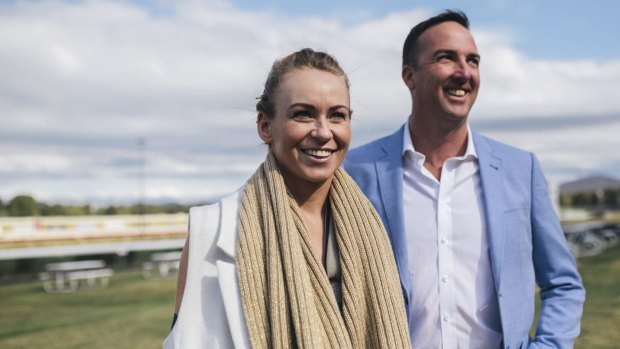 Jockey Kathy O'Hara and trainer Nick Olive at the presentation of Single Gaze's induction into the Hall of Fame at Thoroughbred Park. 