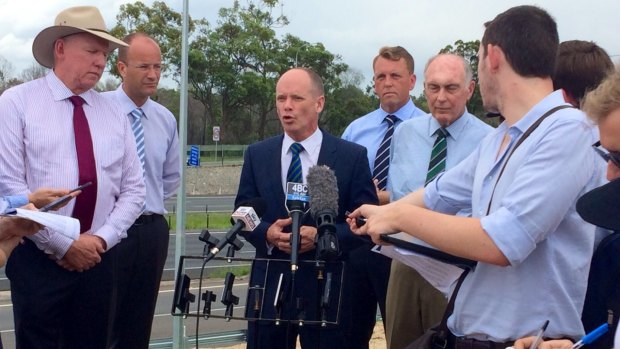 Premier Campbell Newman holds a press conference with Jeff Seeney, Scott Emerson and Warren Truss at North Lakes on Monday.