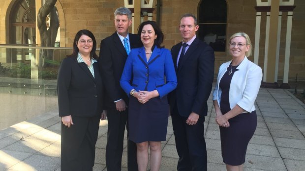 Premier Annastacia Palaszcauk with her new ministers. From left are Grace Grace, Stirling Hinchliffe, Ms Palaszczuk, Mick de Brenni and Leanne Donaldson.