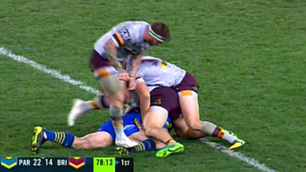 No stranger to controversy: Josh McGuire stomps on Tim Mannah.