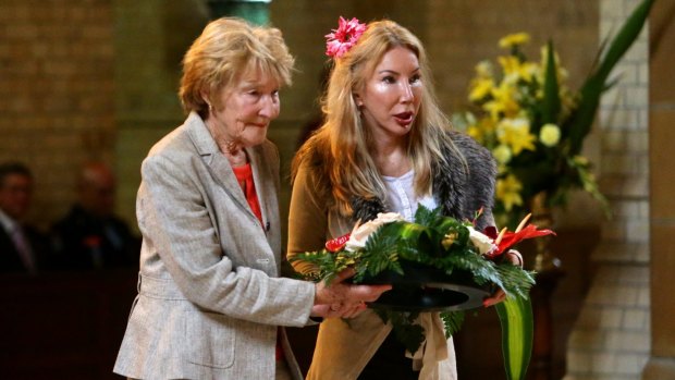 Margaret McNaughton, left, wife of then Lord Mayor John McNaughton, and Gillian Summers, right, representing the current Lord Mayor of Newcastle at the church service commemorating the 25th anniversary of the Newcastle earthquake. 