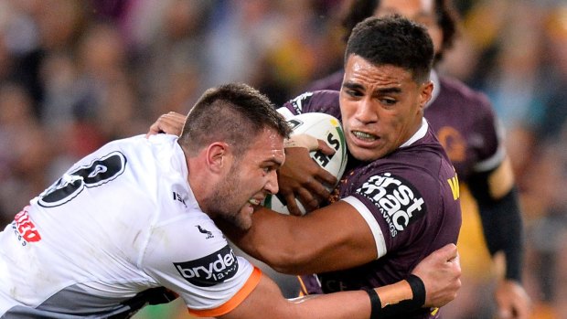 Joe Ofahengaue during the round 12 NRL match between the Brisbane Broncos and the Wests Tigers.