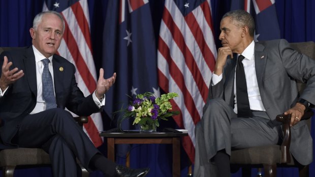 US President Barack Obama listens as Prime Minister Malcolm Turnbull talks about the TPP .