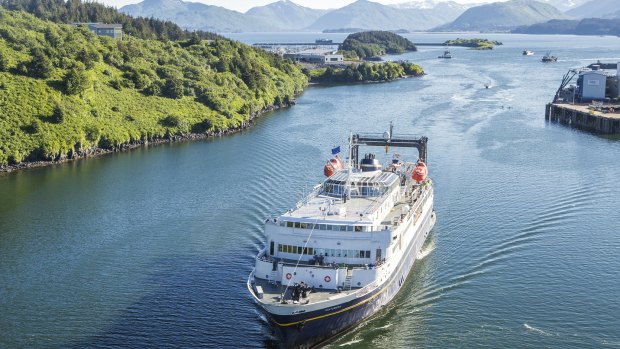 MV Tustumena arriving at Kodiak Island.