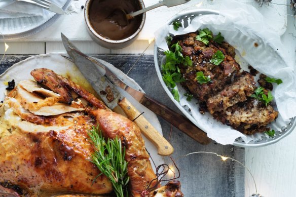 Jill Dupleix's dry-brined turkey with a lighter herb and lemon stuffing (top right).