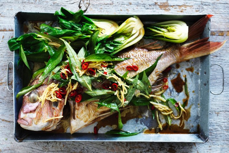 Steamed fish with ginger, chilli and mint