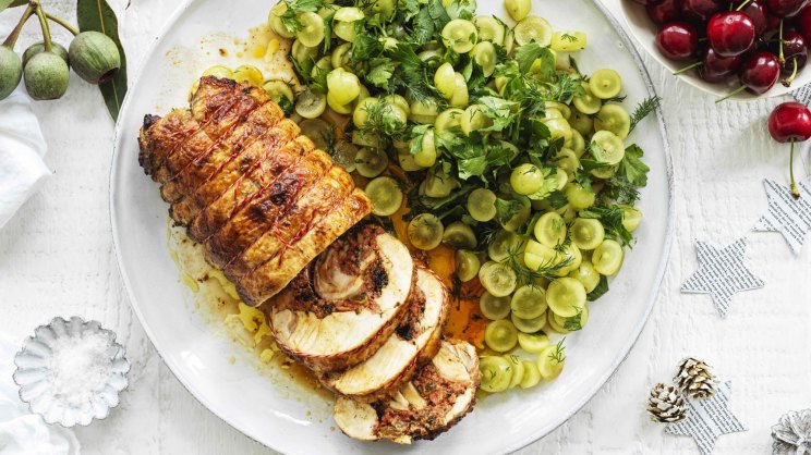 Karen Martini's roasted rolled chicken with 'nduja, black garlic