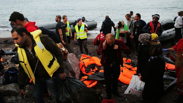 Refugees arriving from Turkey on a raft onto the island of Lesbos on Friday, 24 hours before the most recent drownings.