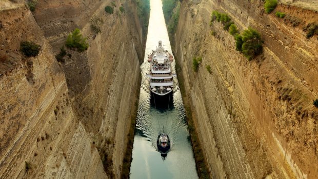 SeaDream ship in Corinth Canal.