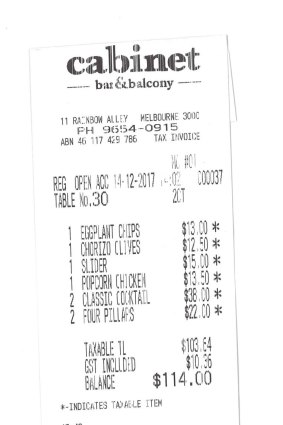 Receipt for lunch with Dolly Diamond at Cabinet Bar.