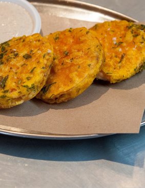 The curried potato cakes with lemon and five spice mayonaise served during lunch with Chris Bush at Hawker Hall.