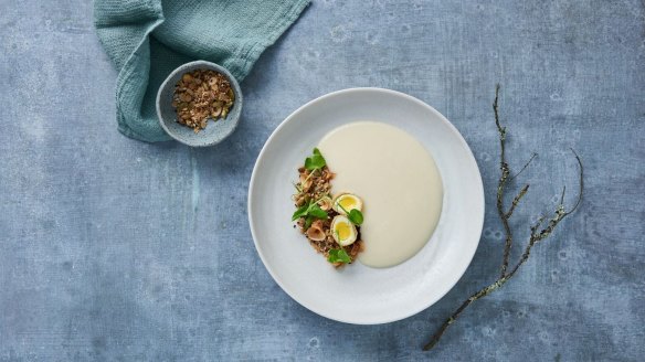 Parsnip veloute with crisp quail's egg, roasted chestnut, saltbush and wild mushroom. 