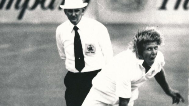 Full flight: Jeff Thomson bowling in the 1984 Sheffield Shield Final, watched by umpire Peter McConnell.
